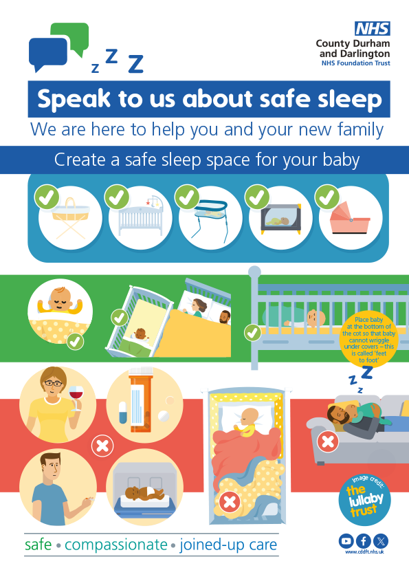 Images of tips for safe sleep for babies including sleeping in a clear cot or moses basket no smoking or alcohol