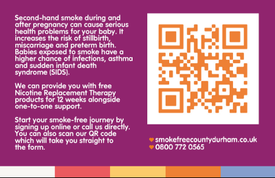 Smokefree County Durham - postcard with useful information, including a QR code directing to www.smokefreecountydurham.co.uk